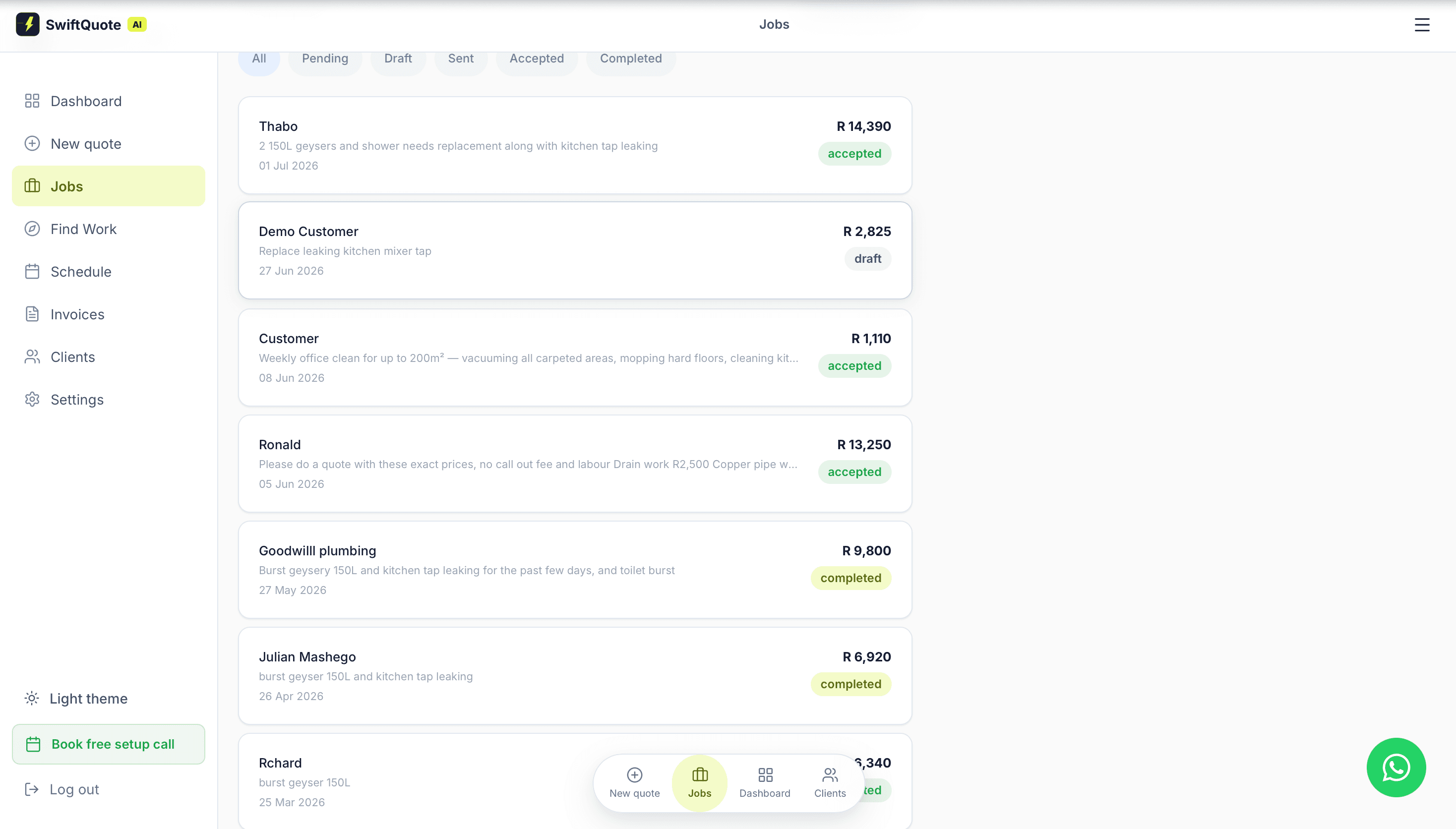 SwiftQuote AI jobs list showing quotes at every stage — draft, accepted and completed